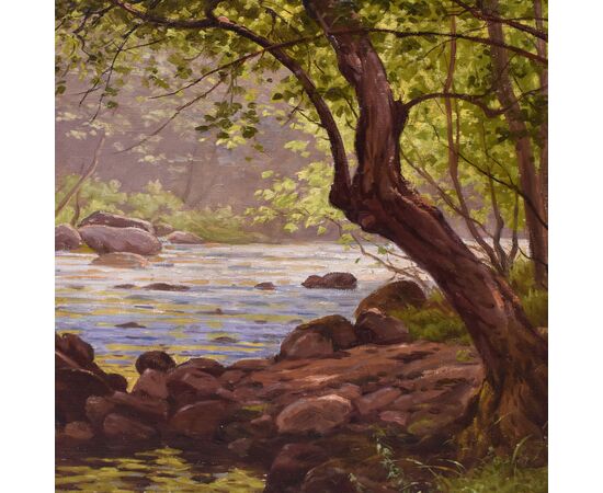 DIPINTI ANTICHI PAESAGGI CON FIUME, EDMOND HIS, OLIO SU TELA, PRIMI DEL NOVECENTO. (QP703)