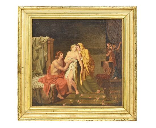 QUADRI ANTICHI, MITOLOGIA GRECA, PARIDE ED ELENA CON AFRODITE, OLIO SU TELA, OTTOCENTO. (QM245)