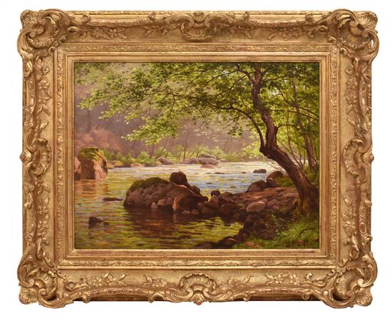 DIPINTI ANTICHI PAESAGGI CON FIUME, EDMOND HIS, OLIO SU TELA, PRIMI DEL NOVECENTO. (QP703)