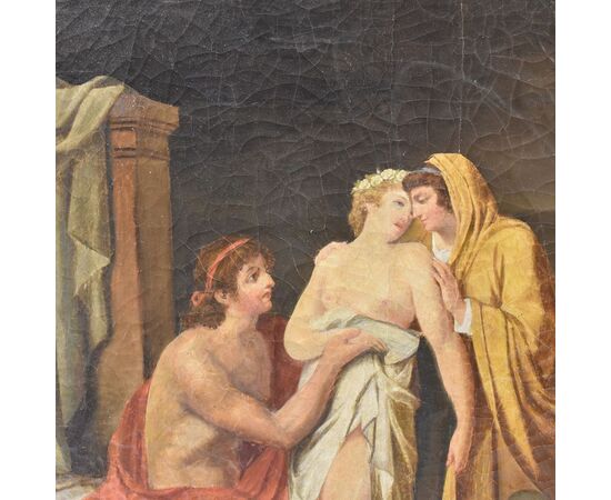 QUADRI ANTICHI, MITOLOGIA GRECA, PARIDE ED ELENA CON AFRODITE, OLIO SU TELA, OTTOCENTO. (QM245)