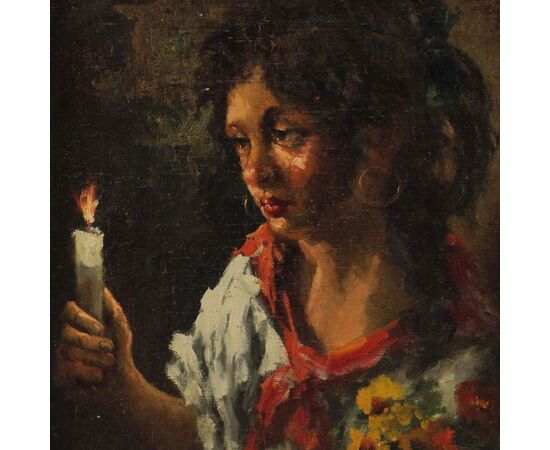 Italian signed and dated painting portrait of young gipsy