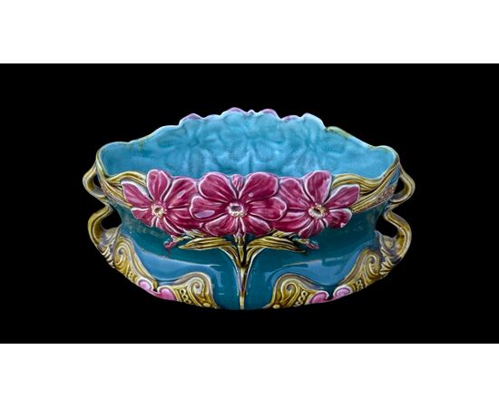 Vaso cache-pot barbottina in terraglia decorato a fiori narcisi.Manifattura Onnaing.Francia.