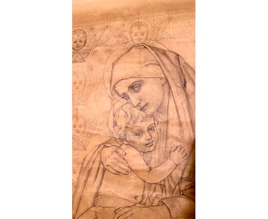 Pencil pounce drawing of Madonna and Child.