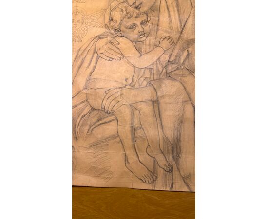 Pencil pounce drawing of Madonna and Child.
