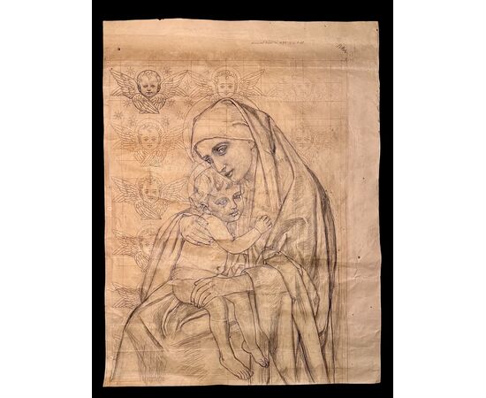 Pencil pounce drawing of Madonna and Child.