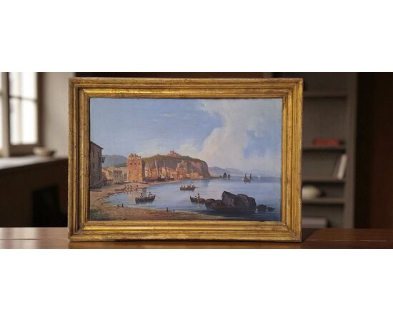 "SEASCAPE WITH FORTIFIED VILLAGE AND FIGURES" - OIL ON CANVAS - 19TH CENTURY