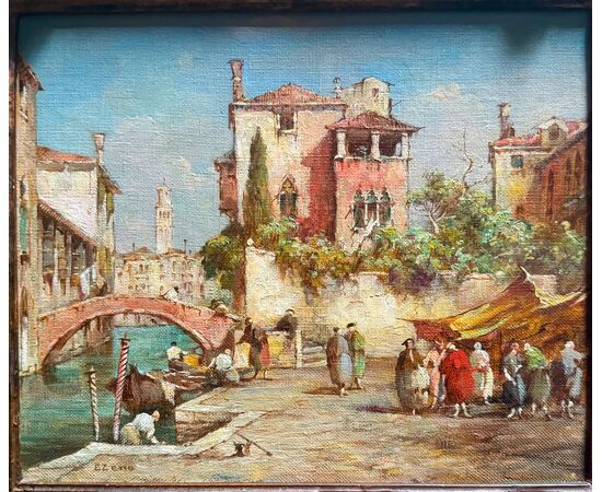 Oil on canvas painting, Venetian view. E. Zeno (Eugenio Bonivento). Chioggia 1880-Milan 1956
