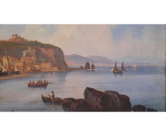 "SEASCAPE WITH FORTIFIED VILLAGE AND FIGURES" - OIL ON CANVAS - 19TH CENTURY