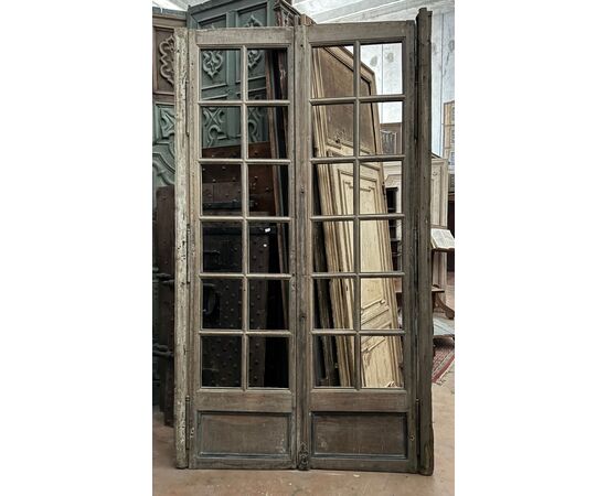 PTI773 - Antique oak glass door, two leaves, 19th century, opening cm W 140 x H 275
