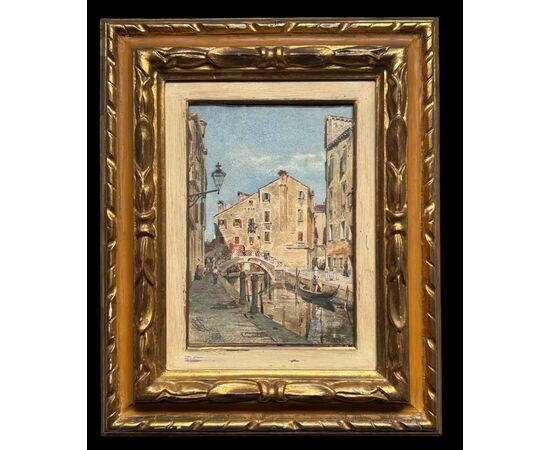Tempera painting on cardboard depicting a Venetian view. Signed.