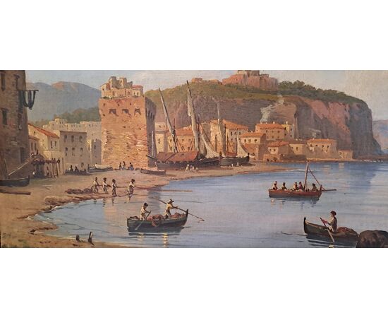 "SEASCAPE WITH FORTIFIED VILLAGE AND FIGURES" - OIL ON CANVAS - 19TH CENTURY