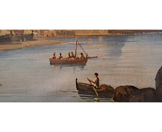 "SEASCAPE WITH FORTIFIED VILLAGE AND FIGURES" - OIL ON CANVAS - 19TH CENTURY