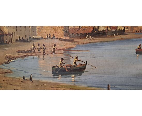 "SEASCAPE WITH FORTIFIED VILLAGE AND FIGURES" - OIL ON CANVAS - 19TH CENTURY