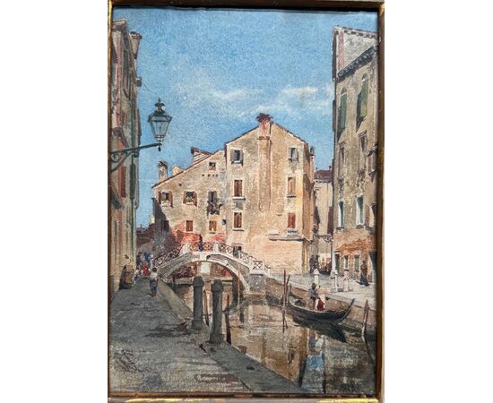 Tempera painting on cardboard depicting a Venetian view. Signed.
