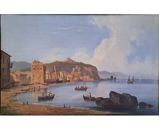 "SEASCAPE WITH FORTIFIED VILLAGE AND FIGURES" - OIL ON CANVAS - 19TH CENTURY