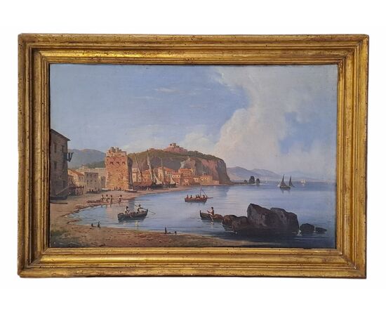 "SEASCAPE WITH FORTIFIED VILLAGE AND FIGURES" - OIL ON CANVAS - 19TH CENTURY