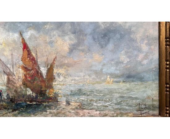 Dipinto olio su tela raffigurante Marina.Lucio Todeschini (Milano 1892-Cortenova 1969).