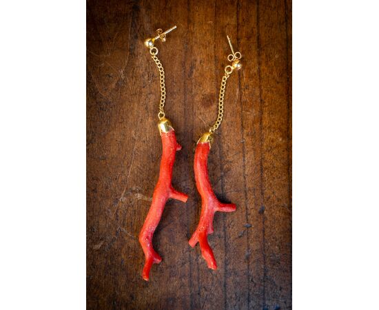 Red Coral Pendant Earrings - 19th Century