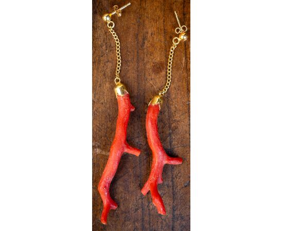 Red Coral Pendant Earrings - 19th Century