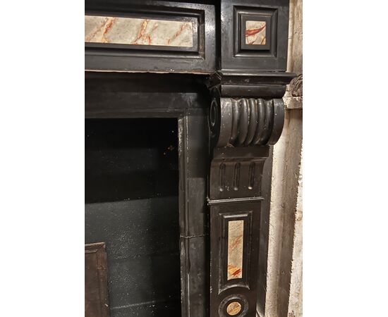 CHM901 - Black marble fireplace with inlays, 19th century, dimensions cm W 144 x D 37 x H 107