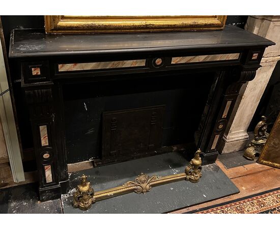 CHM901 - Black marble fireplace with inlays, 19th century, dimensions cm W 144 x D 37 x H 107