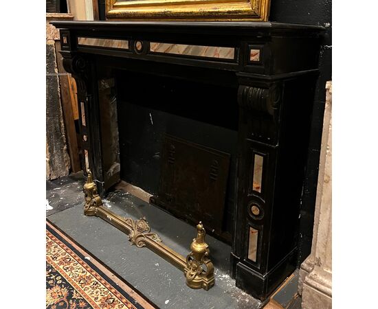 CHM901 - Black marble fireplace with inlays, 19th century, dimensions cm W 144 x D 37 x H 107