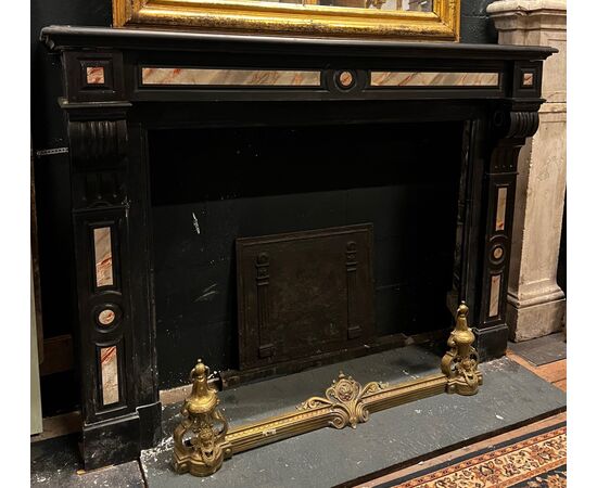 CHM901 - Black marble fireplace with inlays, 19th century, dimensions cm W 144 x D 37 x H 107