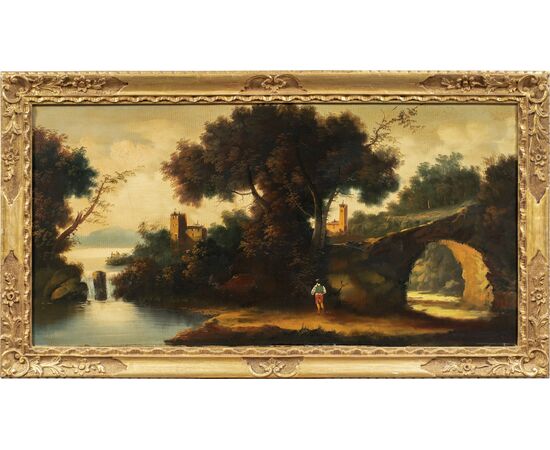 Pittore italiano (XIX-XX sec.) - Paesaggio fluviale con bosco e cittadina. 