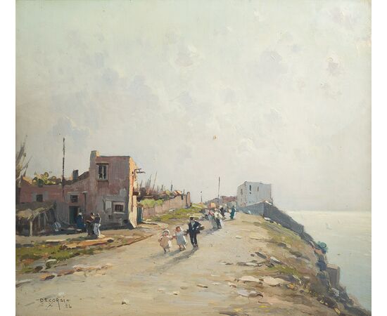 Antique oil on canvas painting with contemporary frame signed "Nicolas De Corsi 1882-1956" depicting a coastal strip.