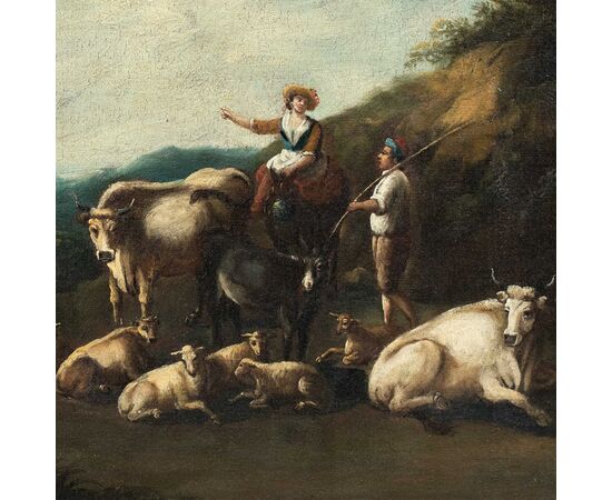 Pittore italiano (XVIII sec.) - Paesaggio arcadico con pastori e gregge.