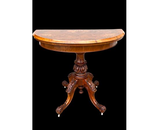 Walnut veneer burr game console table with inlay.