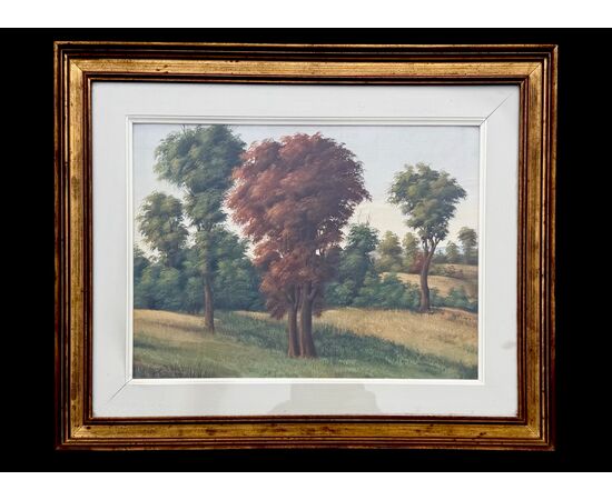 Tempera painting on cardboard with woodland landscape. Bruno Furlotti signature.