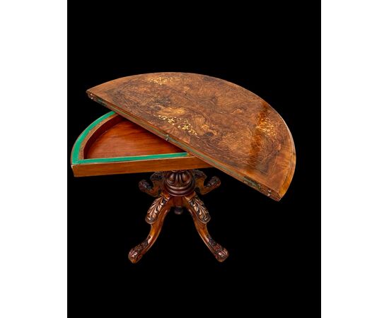 Walnut veneer burr game console table with inlay.