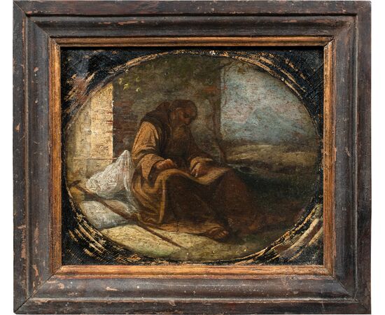 Pittore italiano (XVII-XVIII sec.) - Frate francescano pellegrino assiso a scrivere (bozzetto preparatorio).
