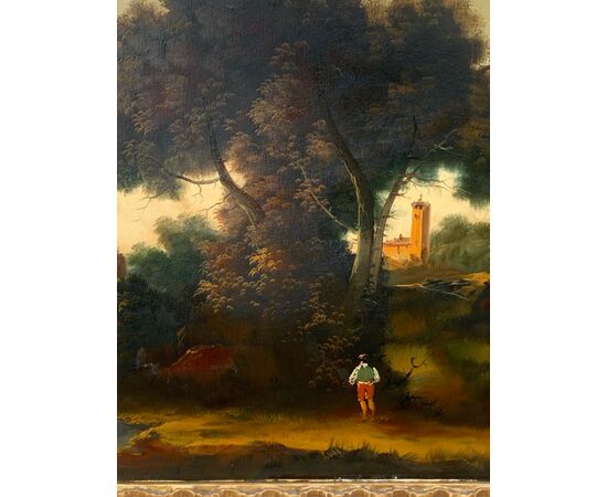 Pittore italiano (XIX-XX sec.) - Paesaggio fluviale con bosco e cittadina. 