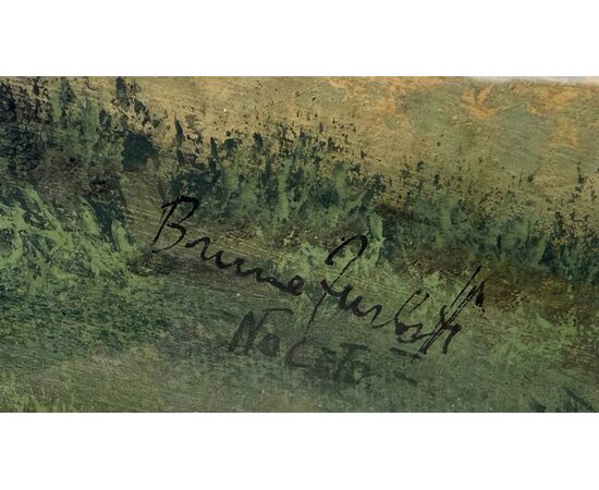 Dipinto tempera su cartoncino con paesaggio boschivo.Firma Bruno Furlotti.