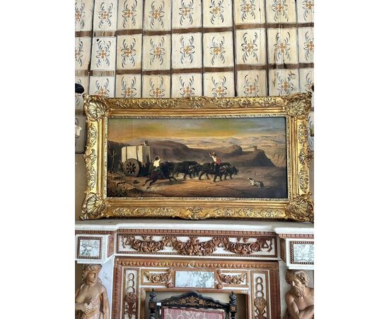 
Campagna Romana – Olio su tela con maestosa cornice dorata, XIX secolo