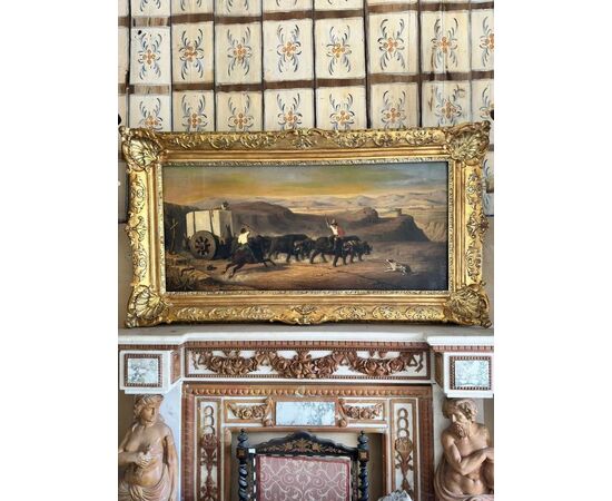 
Campagna Romana – Olio su tela con maestosa cornice dorata, XIX secolo