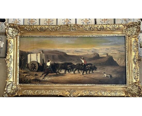 
Campagna Romana – Olio su tela con maestosa cornice dorata, XIX secolo