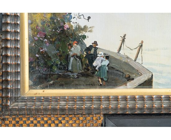 Antique oil painting on canvas with coeval frame signed "Nicolas De Corsi 1882-1956" depicting a view of the Amalfi Coast.