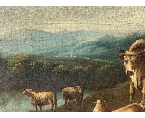Pittore italiano (XVIII sec.) - Paesaggio arcadico con pastori e gregge.