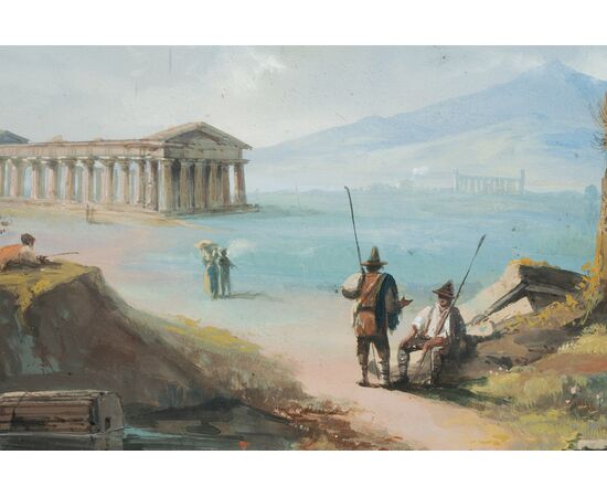 Coppia di Gouaches antichi Napoletani raffigurante i templi di Paestum e veduta della penisola Sorrentina.