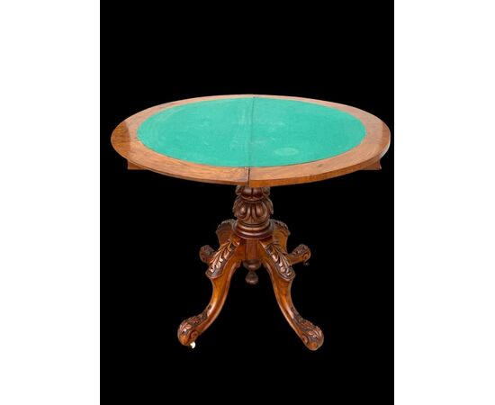 Walnut veneer burr game console table with inlay.