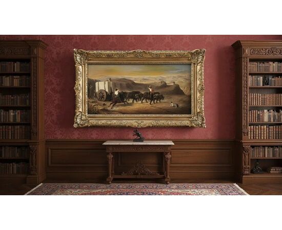 
Campagna Romana – Olio su tela con maestosa cornice dorata, XIX secolo