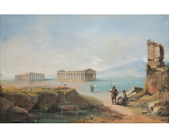 Coppia di Gouaches antichi Napoletani raffigurante i templi di Paestum e veduta della penisola Sorrentina.