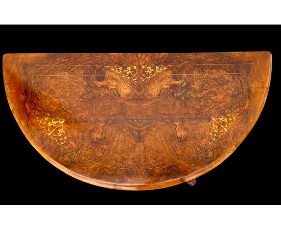 Walnut veneer burr game console table with inlay.