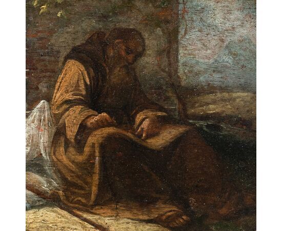 Pittore italiano (XVII-XVIII sec.) - Frate francescano pellegrino assiso a scrivere (bozzetto preparatorio).