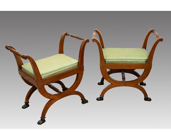 Pair of antique Directoire stools in mahogany feather. Naples early 19th century.