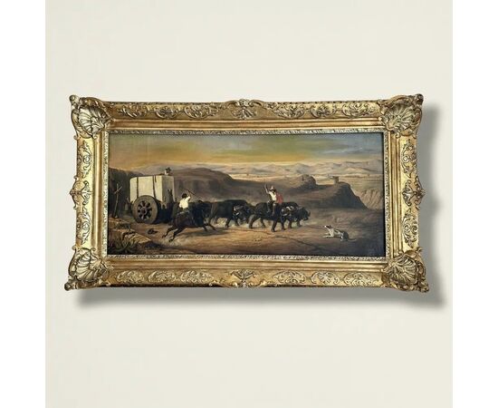 
Campagna Romana – Olio su tela con maestosa cornice dorata, XIX secolo