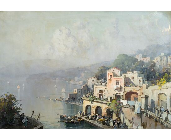 Dipinto antico olio su tela con cornice coeva firmato"Nicolas De Corsi 1882-1956" raffigurante una veduta della costiera Amalfitana.